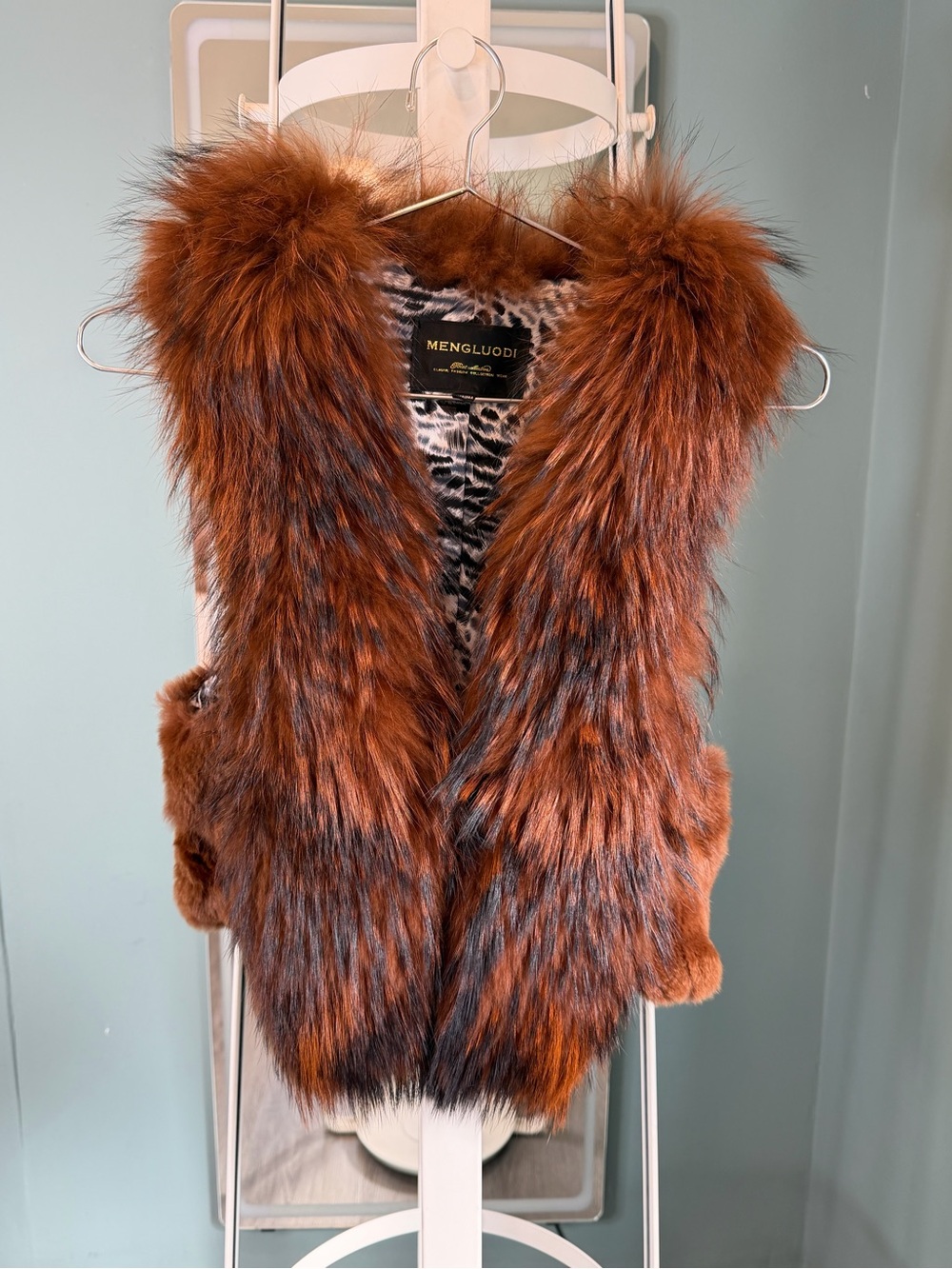 Vintage Rust Brown Fox Fur Collar Rabbit Fur Cropped Vest Y2K Mob Wife XS